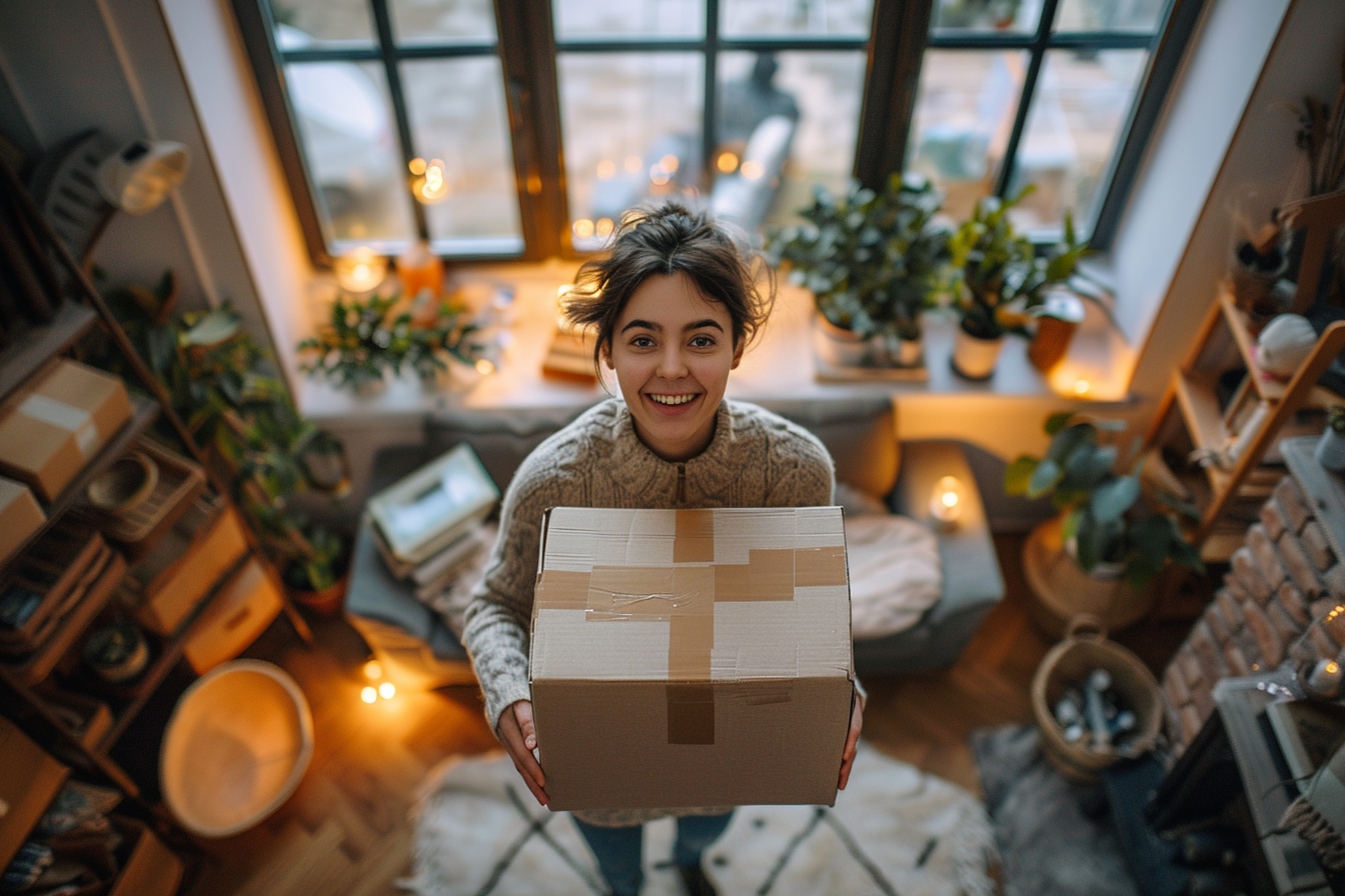 Aide ménagère souriante préparant des cartons pour faciliter le déménagement à Dijon, illustrant comment bénéficier d'une aide ménagère transforme l'expérience de déménagement.