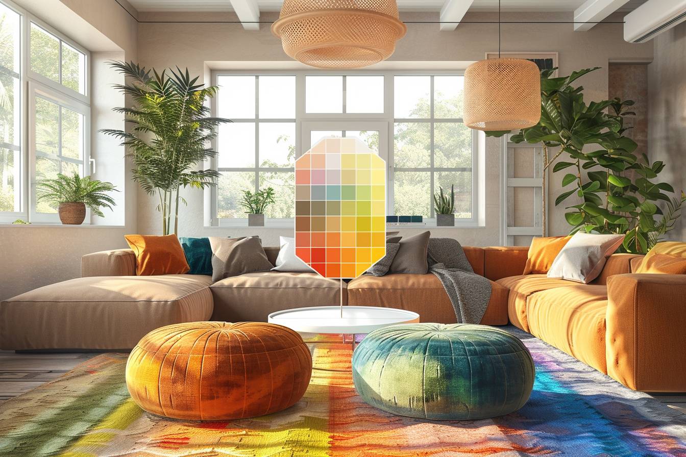Guide visuel pour harmoniser les couleurs de peinture dans une maison ouverte, illustrant l'application des 5 secrets de l'harmonie des couleurs