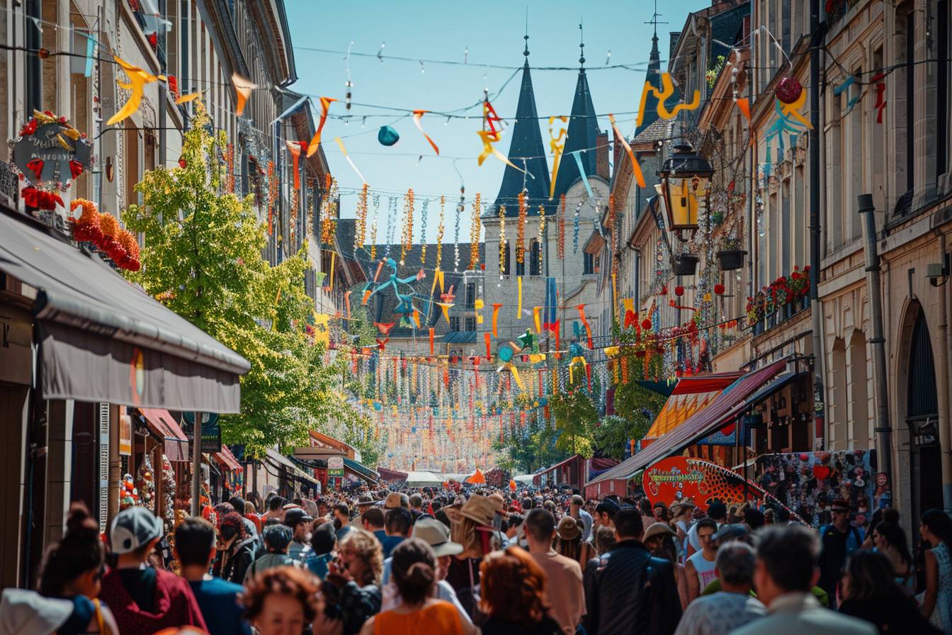 Foule festive profitant d'un festival à Dijon sous un ciel bleu éclatant, symbolisant la joie et la culture vivante de la ville en 2023
